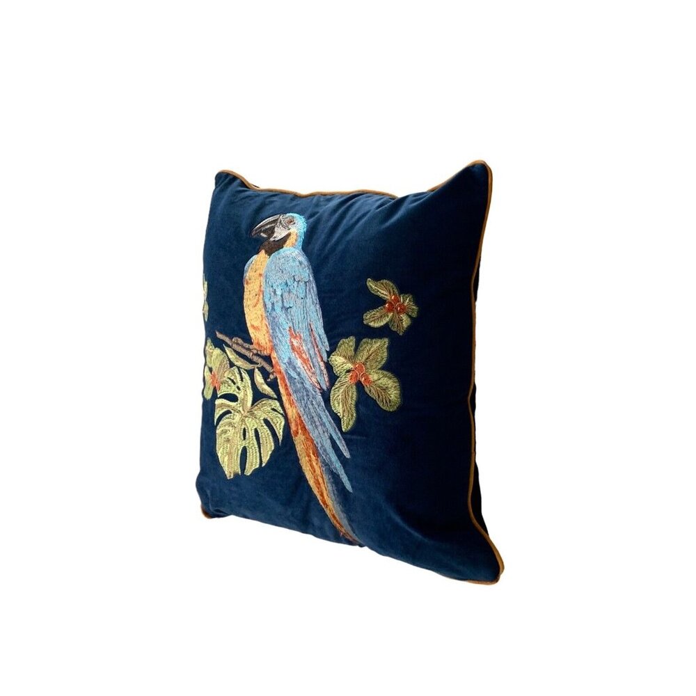 Bird Pillow Blue Macaw Design Velvet Embroidered for  Whimsical Botanical Decor